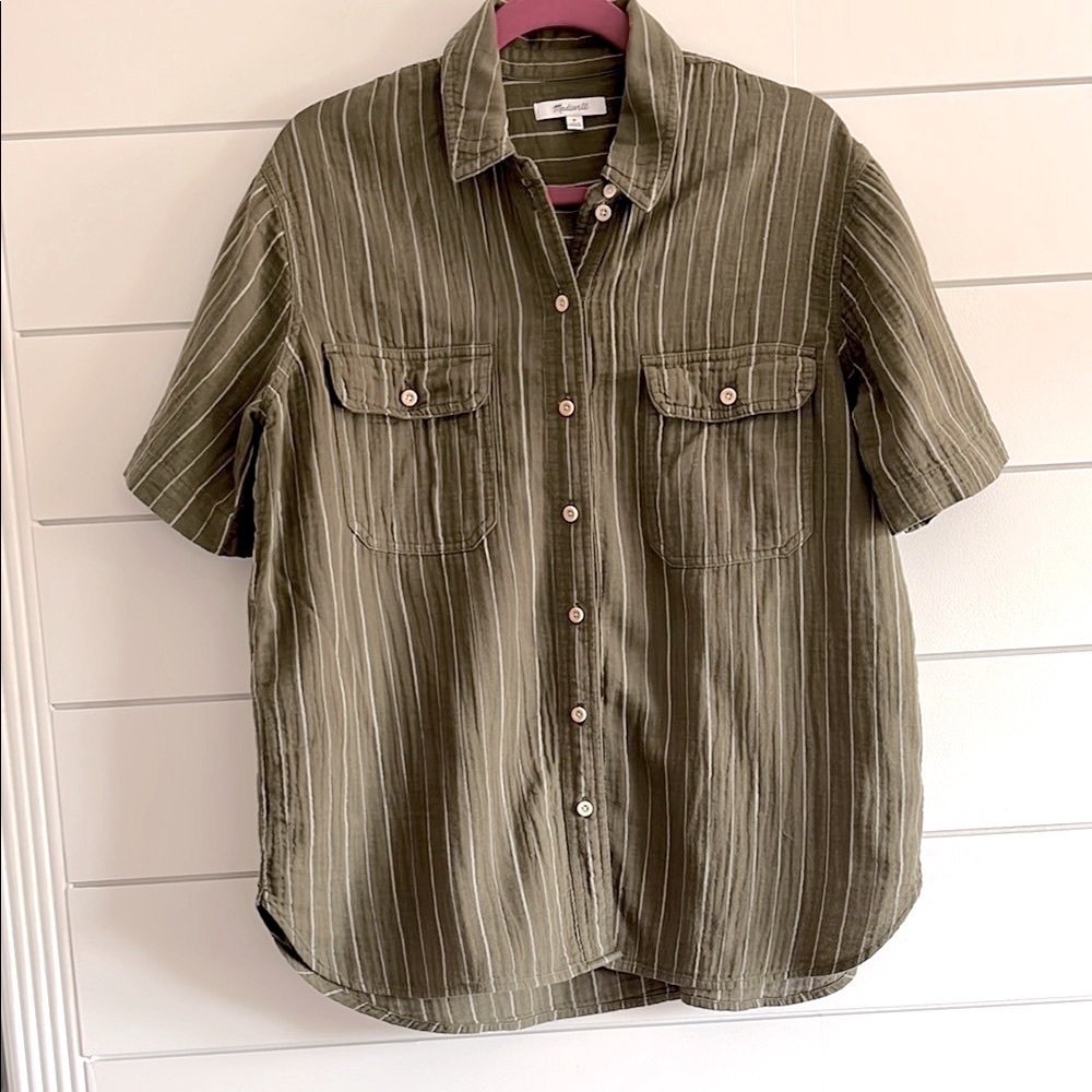 Madewell Olive Green Striped Cotton Shirt View 2